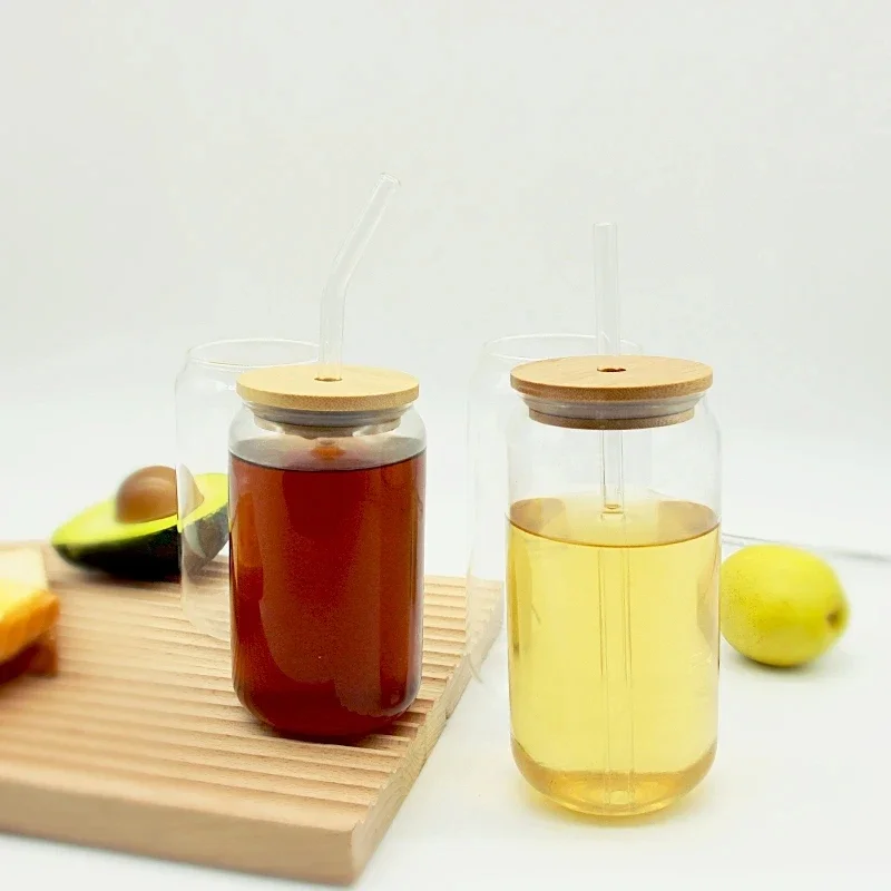Creative Glass Cup Bamboo Lid Can Shape Tea Juice Milk Coffee Mug Glass Drinking Cup High Borosilicate Glass Durable Drinkware thumbnail 3