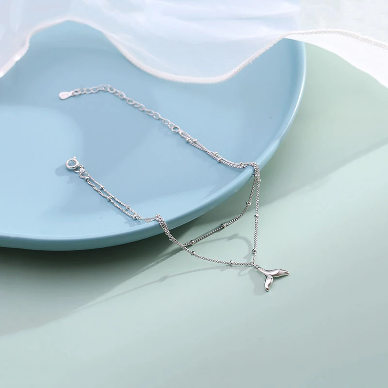 New Fashion 925 Sterling Silver Fishtail Pendant Double Layer Anklets Women Jewelry Summer Beach Charm Foot Chain Bracelet Gift thumbnail 4