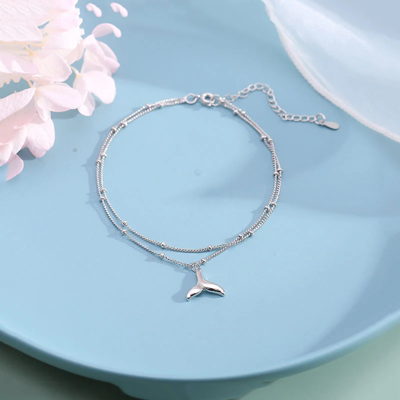 New Fashion 925 Sterling Silver Fishtail Pendant Double Layer Anklets Women Jewelry Summer Beach Charm Foot Chain Bracelet Gift thumbnail 2