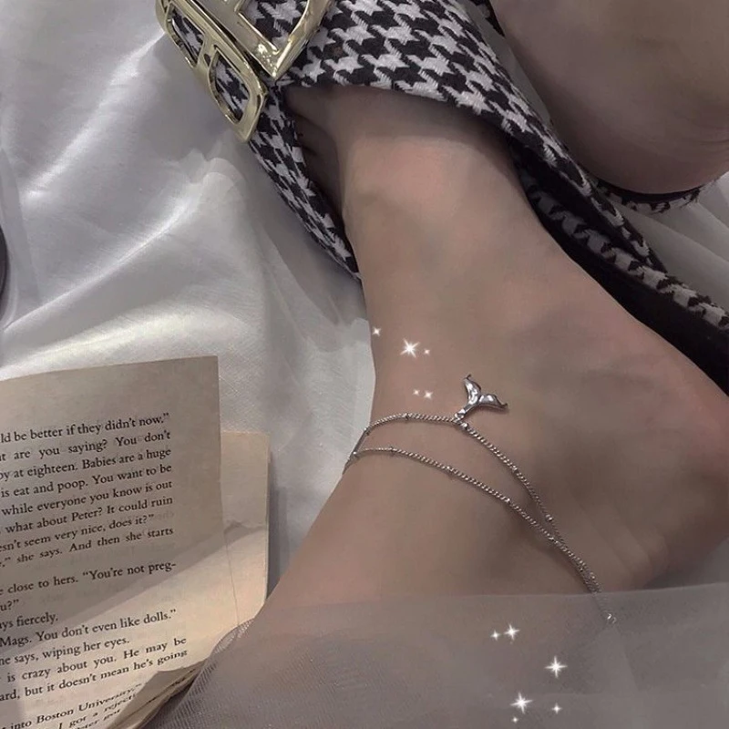 New Fashion 925 Sterling Silver Fishtail Pendant Double Layer Anklets Women Jewelry Summer Beach Charm Foot Chain Bracelet Gift thumbnail 5