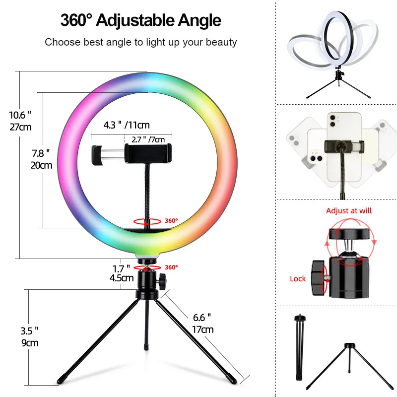 10" RGB LED RingLight Tripod RGB 33 Colors Dimmable Ring Fill Light with Lighting Stand Mobile Tripod for Makeup Youtube Live thumbnail 6