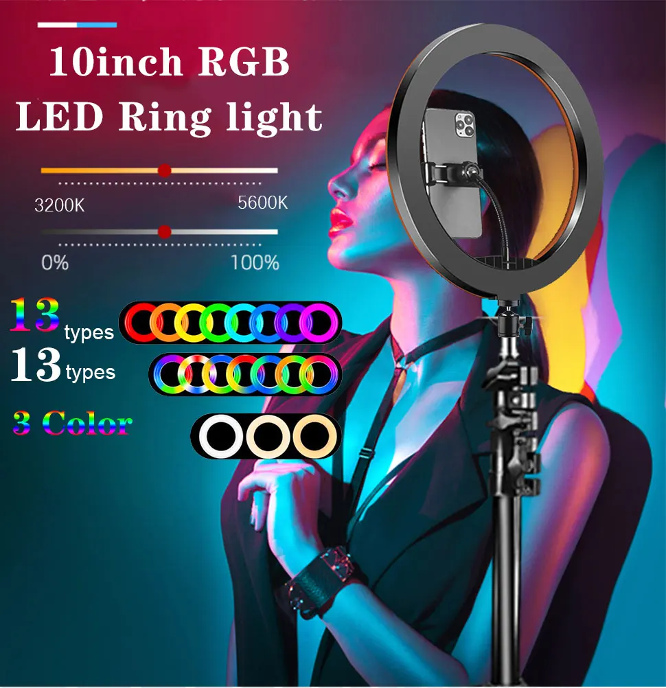 10" RGB LED RingLight Tripod RGB 33 Colors Dimmable Ring Fill Light with Lighting Stand Mobile Tripod for Makeup Youtube Live thumbnail 2
