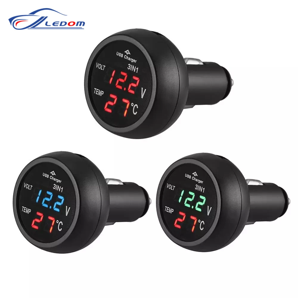 Universal 12V/24V Digital Meter Monitor 3 in 1 LED USB Car Charger Voltmeter Thermometer Car Battery Monitor LCD Dual Display