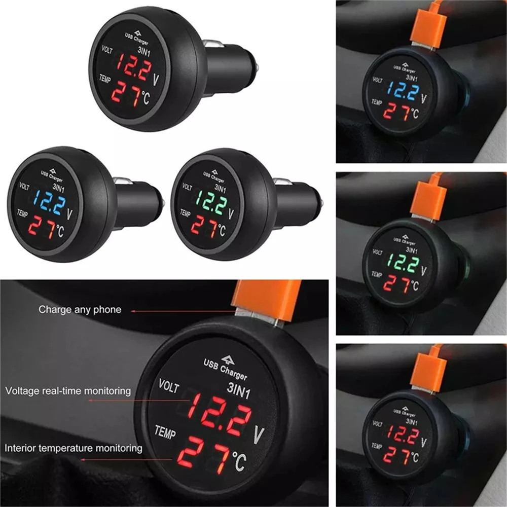 Universal 12V/24V Digital Meter Monitor 3 in 1 LED USB Car Charger Voltmeter Thermometer Car Battery Monitor LCD Dual Display thumbnail 4