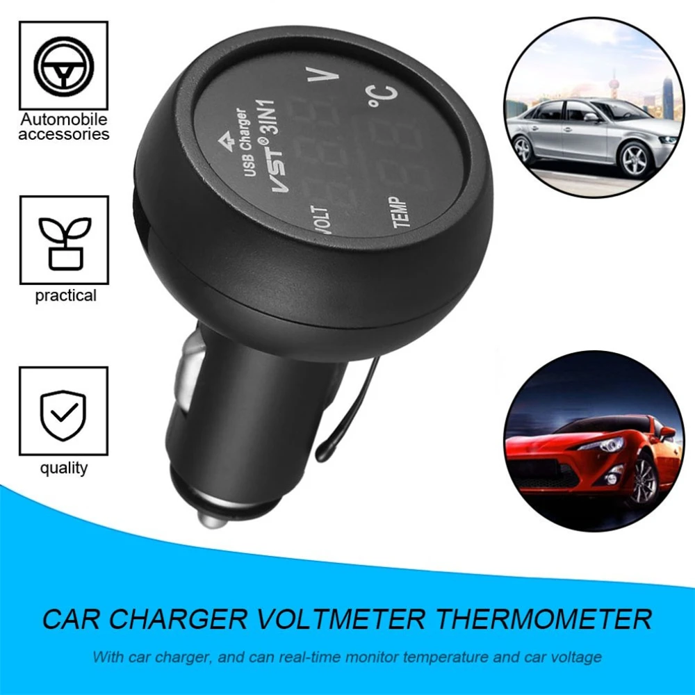Universal 12V/24V Digital Meter Monitor 3 in 1 LED USB Car Charger Voltmeter Thermometer Car Battery Monitor LCD Dual Display thumbnail 3