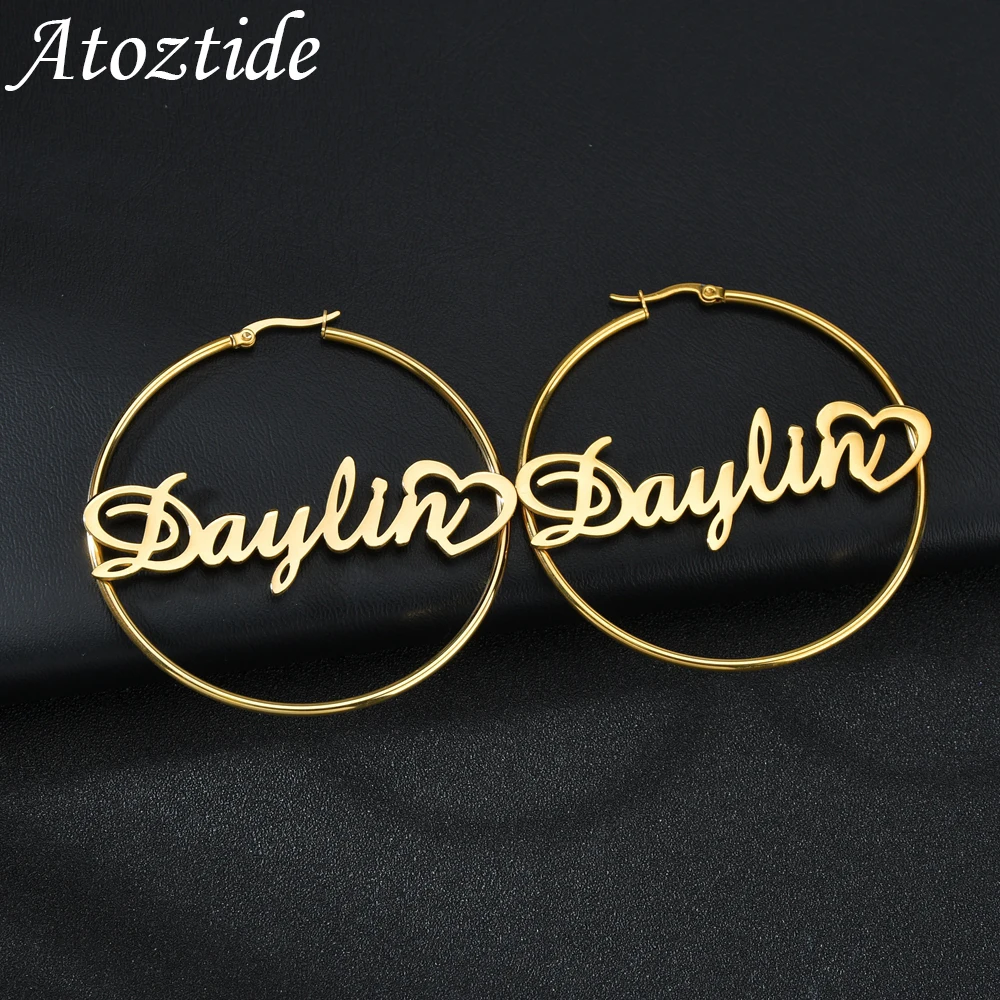 Personalized Custom Name Stainless Steel Letter Earrings for Women 3 Color End Heart Cricle Hoop Earrings Weddings Party Jewelry