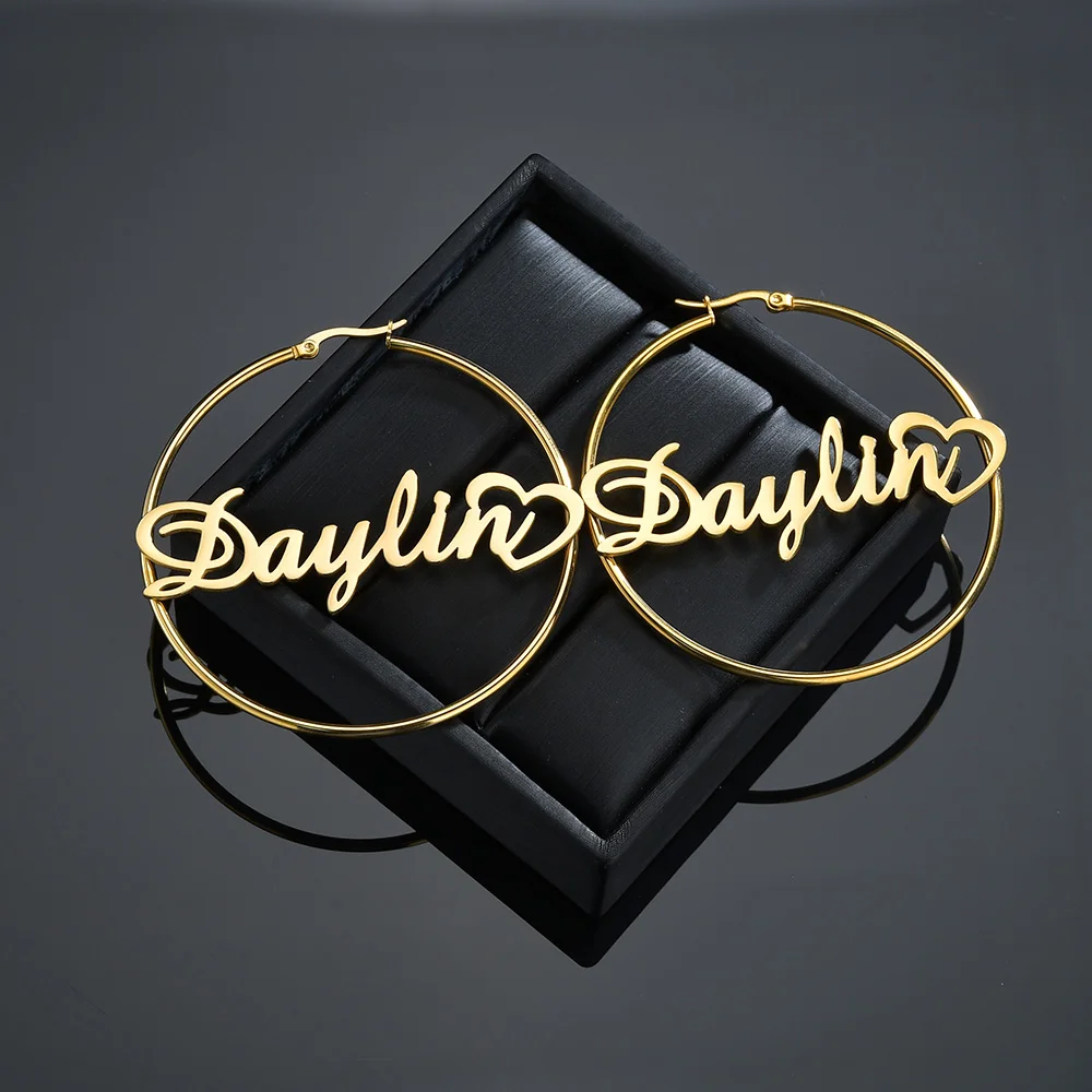 Personalized Custom Name Stainless Steel Letter Earrings for Women 3 Color End Heart Cricle Hoop Earrings Weddings Party Jewelry thumbnail 3
