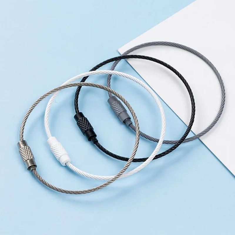2PCS Locking Cable Wire Hanging Luggage Tag Loop Metal Keychain Stainless Steel Wire Rope Keyring Screw Lock Key Ring Holder thumbnail 3