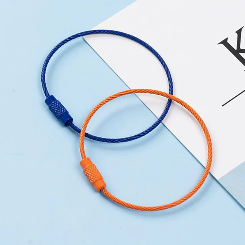 2PCS Locking Cable Wire Hanging Luggage Tag Loop Metal Keychain Stainless Steel Wire Rope Keyring Screw Lock Key Ring Holder thumbnail 2