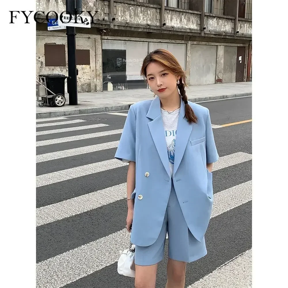 Korean Loose 2 Piece Women Short Set with Blazer Summer 2025 Thin Short-sleeved Blazers + Shorts Casual Office Ladies Suits thumbnail 2