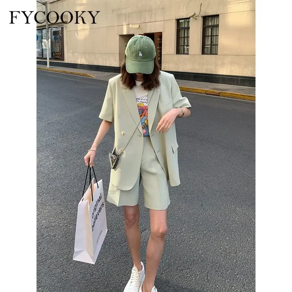 Korean Loose 2 Piece Women Short Set with Blazer Summer 2025 Thin Short-sleeved Blazers + Shorts Casual Office Ladies Suits thumbnail 3