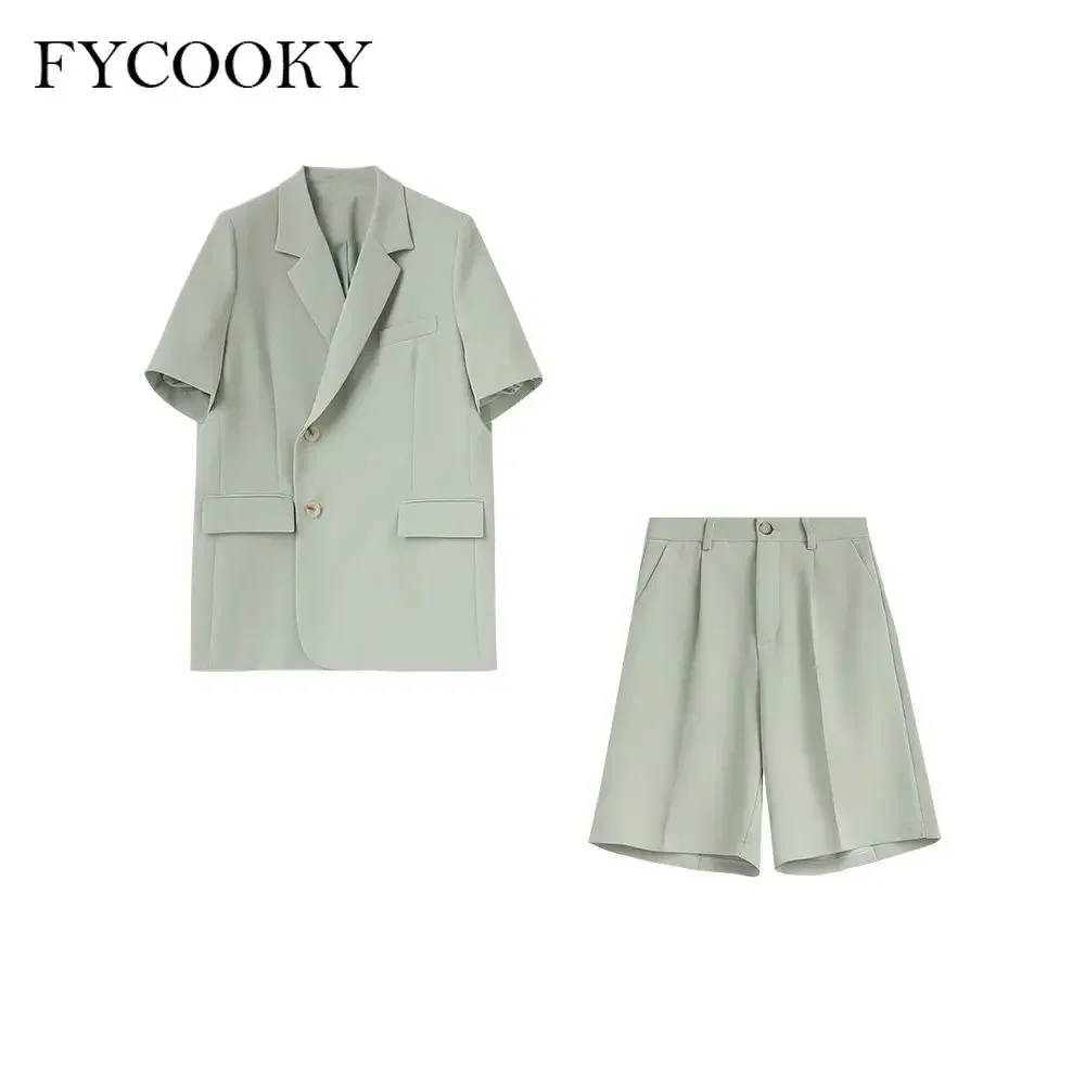 Korean Loose 2 Piece Women Short Set with Blazer Summer 2025 Thin Short-sleeved Blazers + Shorts Casual Office Ladies Suits thumbnail 5