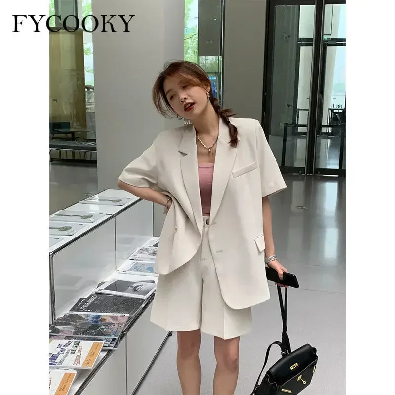 Korean Loose 2 Piece Women Short Set with Blazer Summer 2025 Thin Short-sleeved Blazers + Shorts Casual Office Ladies Suits thumbnail 4