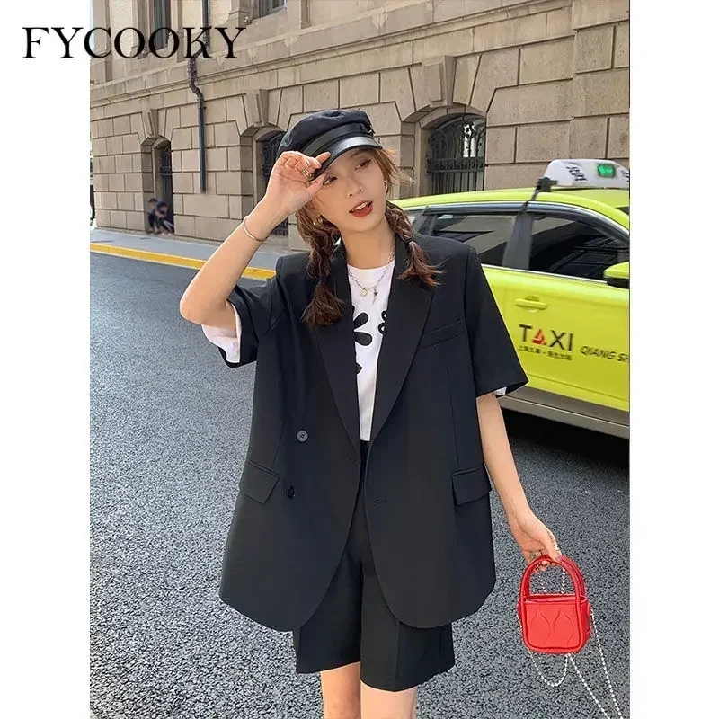 Korean Loose 2 Piece Women Short Set with Blazer Summer 2025 Thin Short-sleeved Blazers + Shorts Casual Office Ladies Suits thumbnail 6