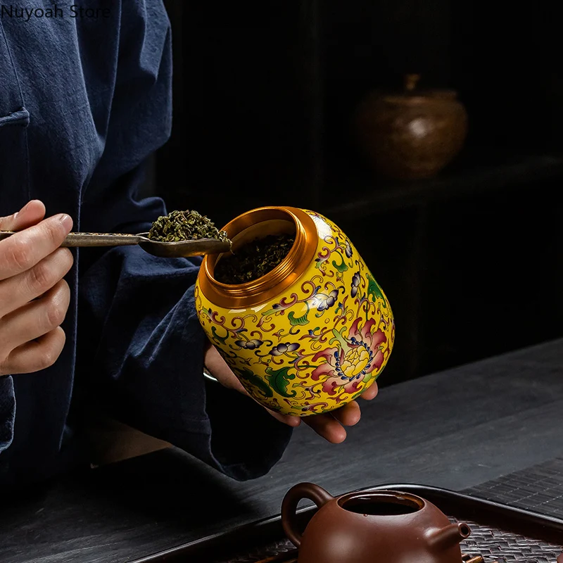 Chinese Style Yellow Ceramic Tea Caddy Creative Storage Box Metal Spiral Lid Living Room Coffee Table Decoration Accessories thumbnail 3