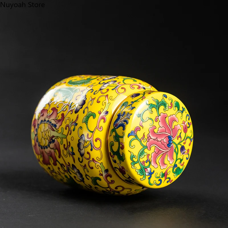 Chinese Style Yellow Ceramic Tea Caddy Creative Storage Box Metal Spiral Lid Living Room Coffee Table Decoration Accessories thumbnail 4