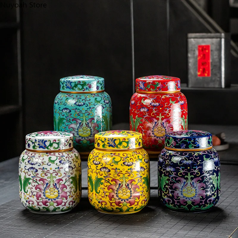 Chinese Style Yellow Ceramic Tea Caddy Creative Storage Box Metal Spiral Lid Living Room Coffee Table Decoration Accessories thumbnail 2
