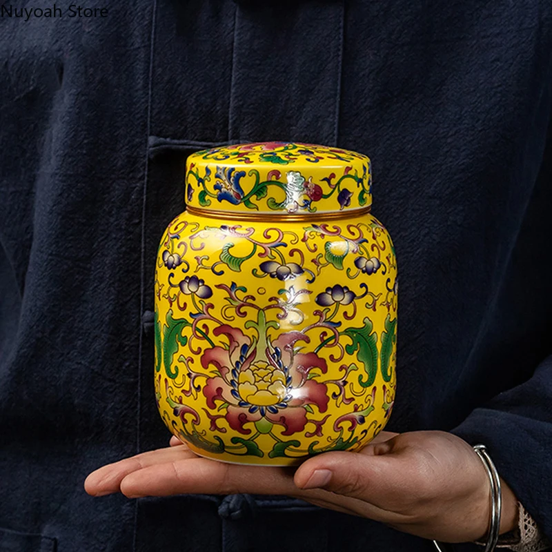 Chinese Style Yellow Ceramic Tea Caddy Creative Storage Box Metal Spiral Lid Living Room Coffee Table Decoration Accessories thumbnail 5