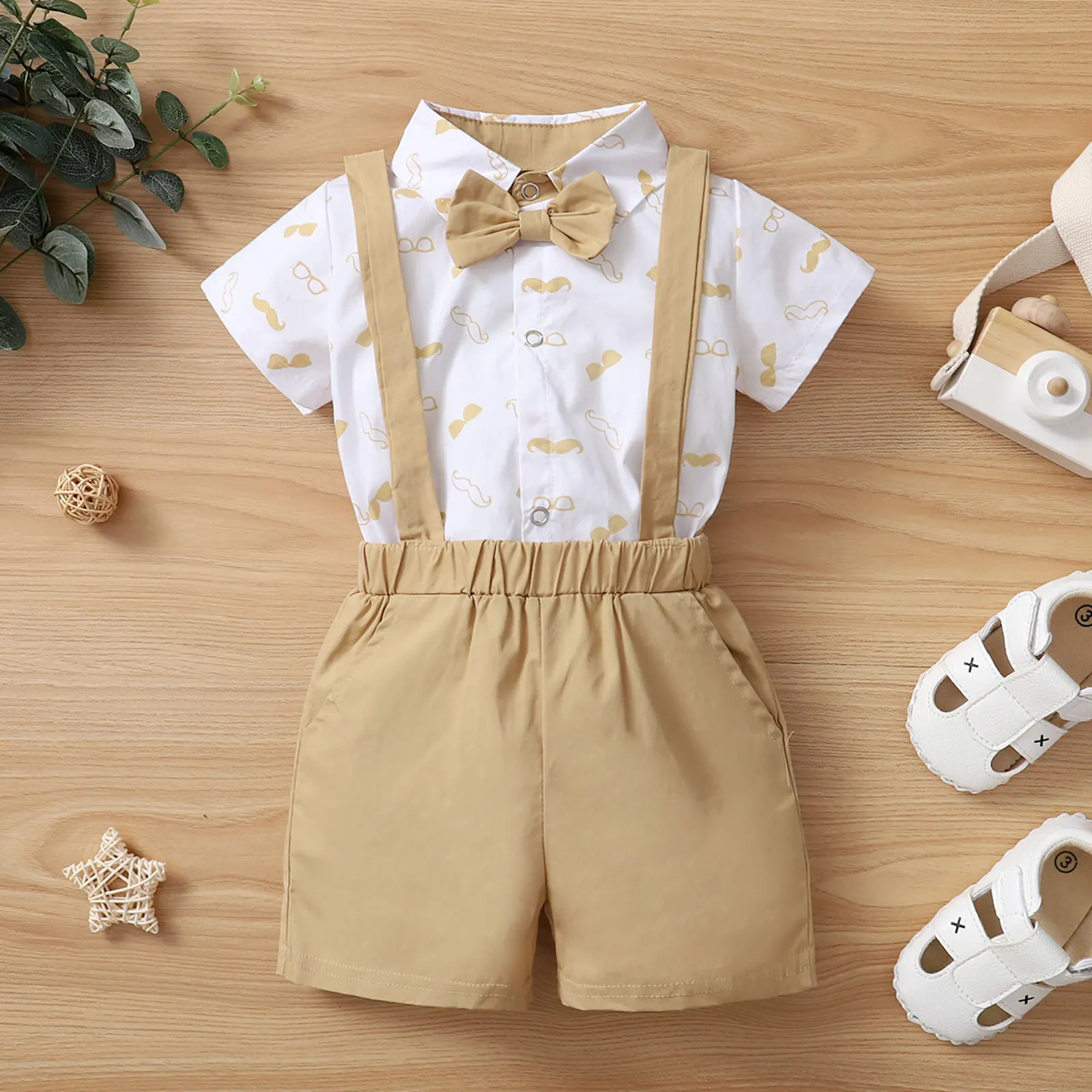 Baby Boys Clothes Set, Beard Print Short Sleeve Lapel Neck Shirt+Solid Color Suspender Shorts thumbnail 3