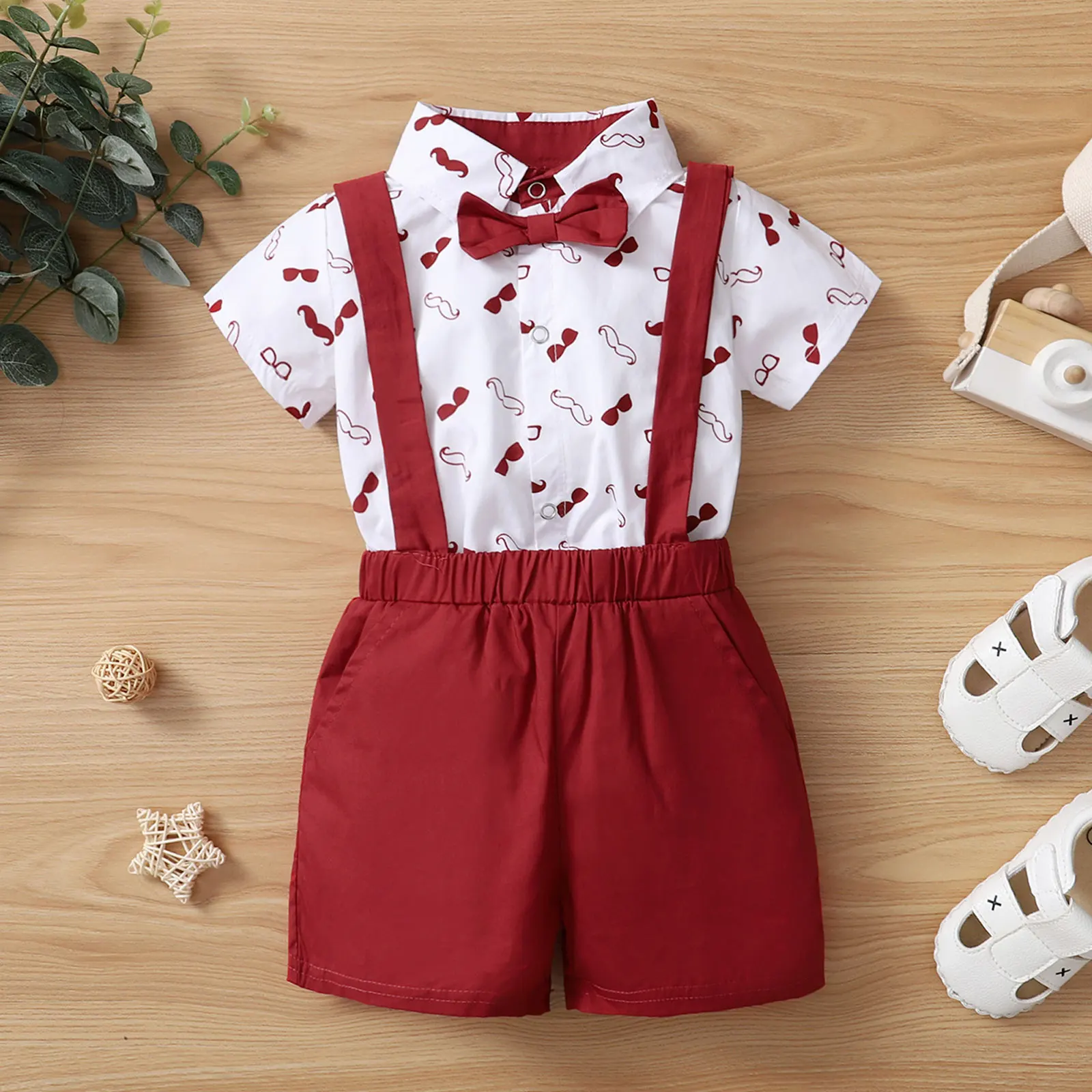 Baby Boys Clothes Set, Beard Print Short Sleeve Lapel Neck Shirt+Solid Color Suspender Shorts thumbnail 2