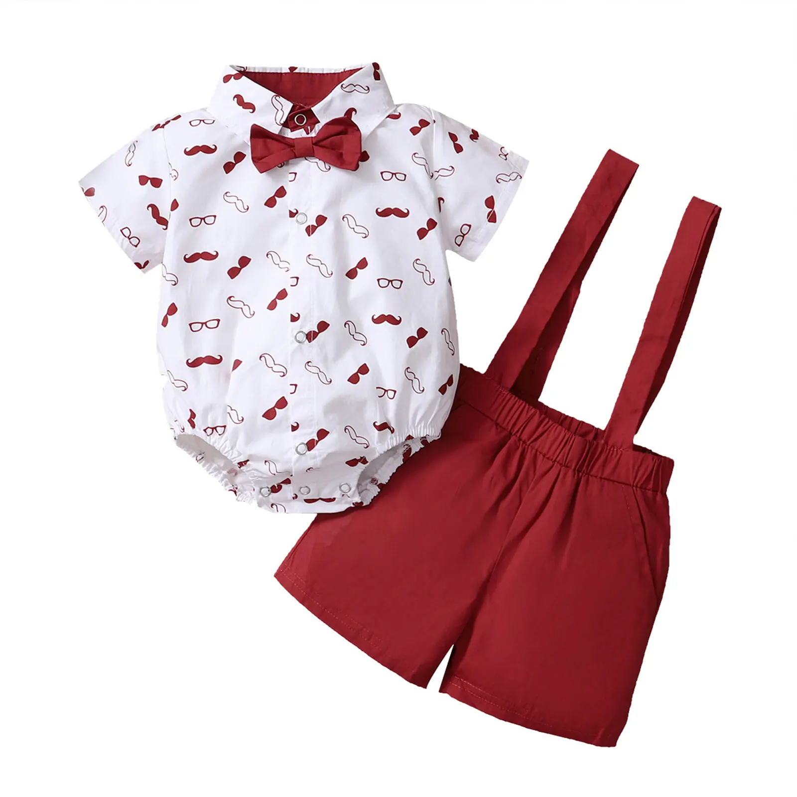 Baby Boys Clothes Set, Beard Print Short Sleeve Lapel Neck Shirt+Solid Color Suspender Shorts thumbnail 4
