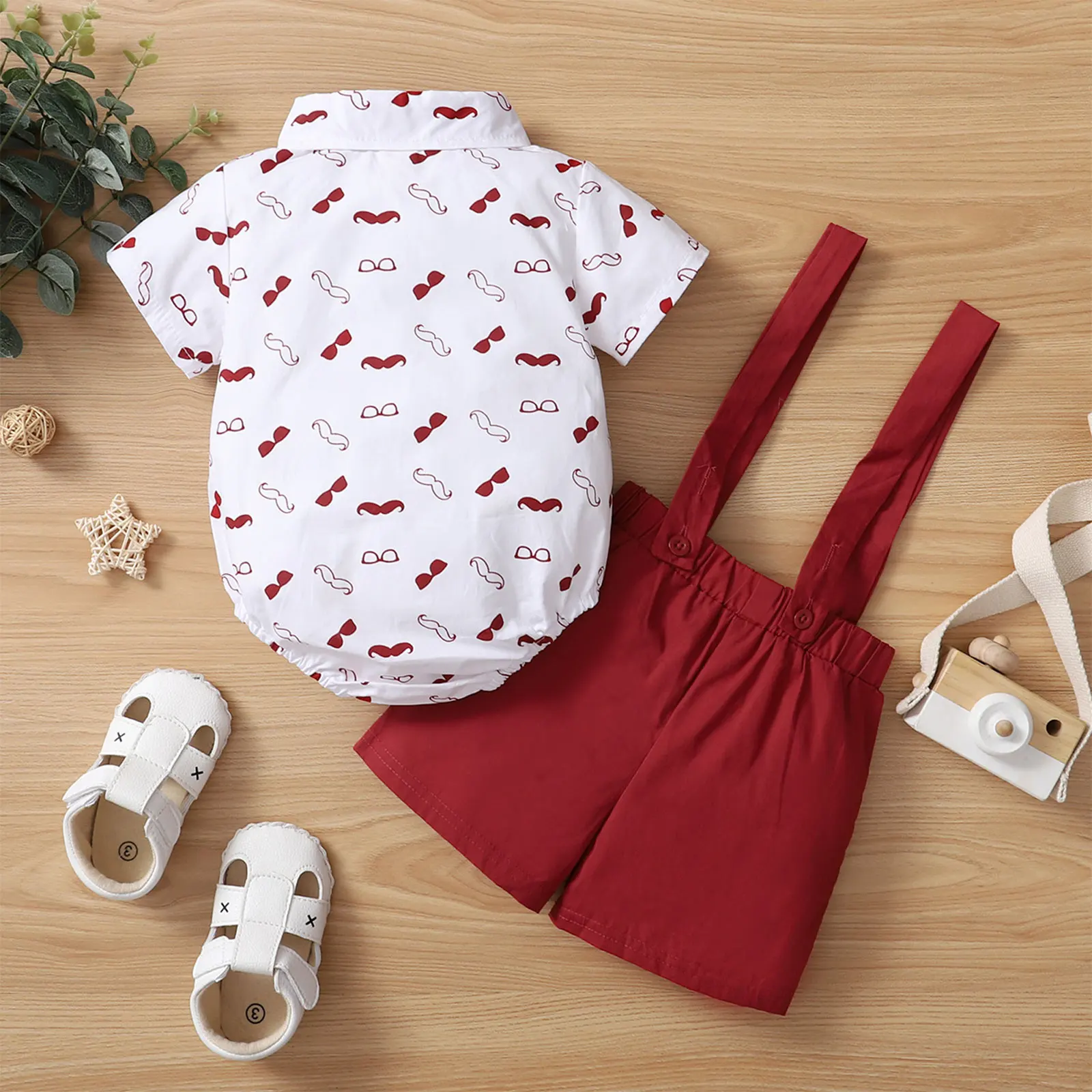 Baby Boys Clothes Set, Beard Print Short Sleeve Lapel Neck Shirt+Solid Color Suspender Shorts thumbnail 6