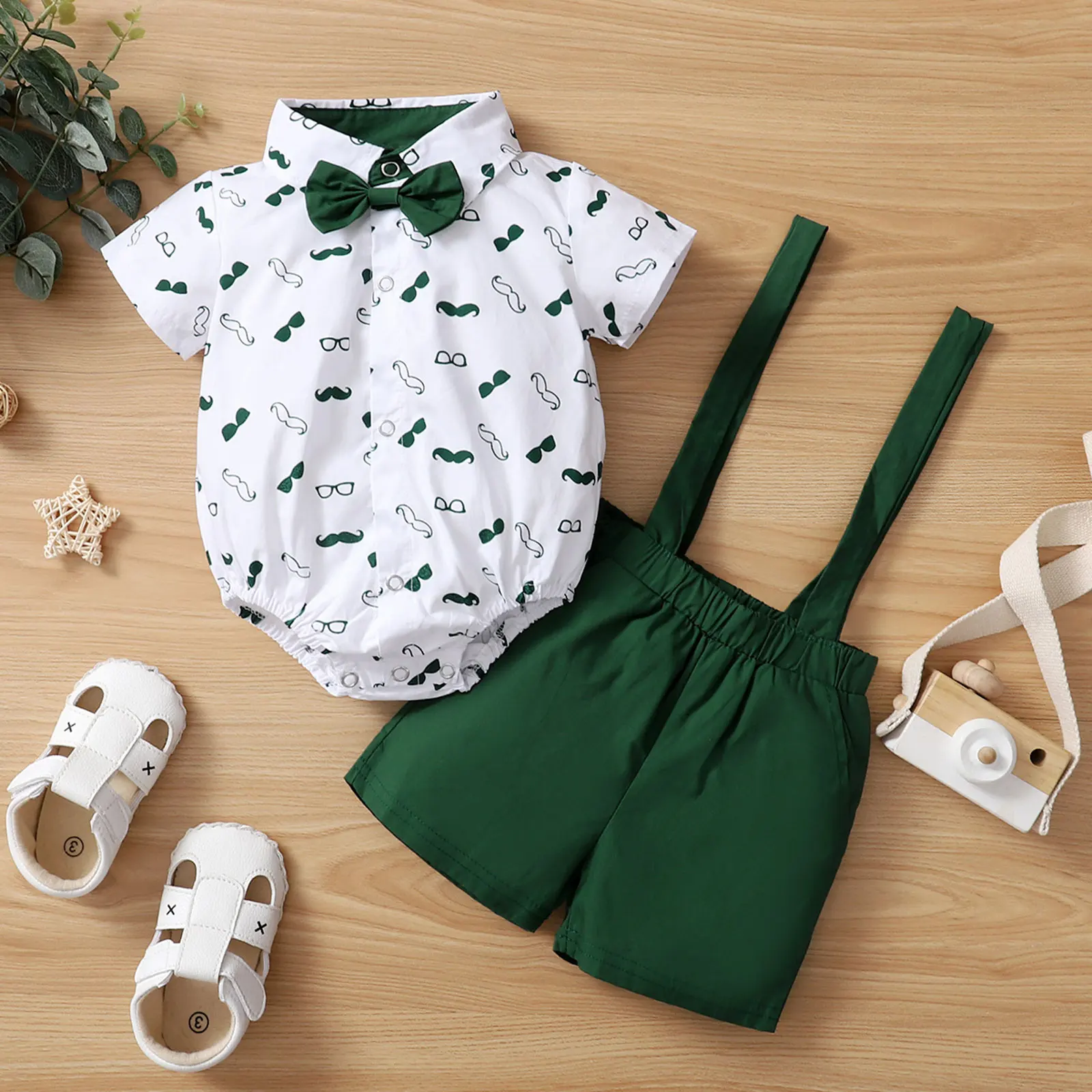 Baby Boys Clothes Set, Beard Print Short Sleeve Lapel Neck Shirt+Solid Color Suspender Shorts thumbnail 5