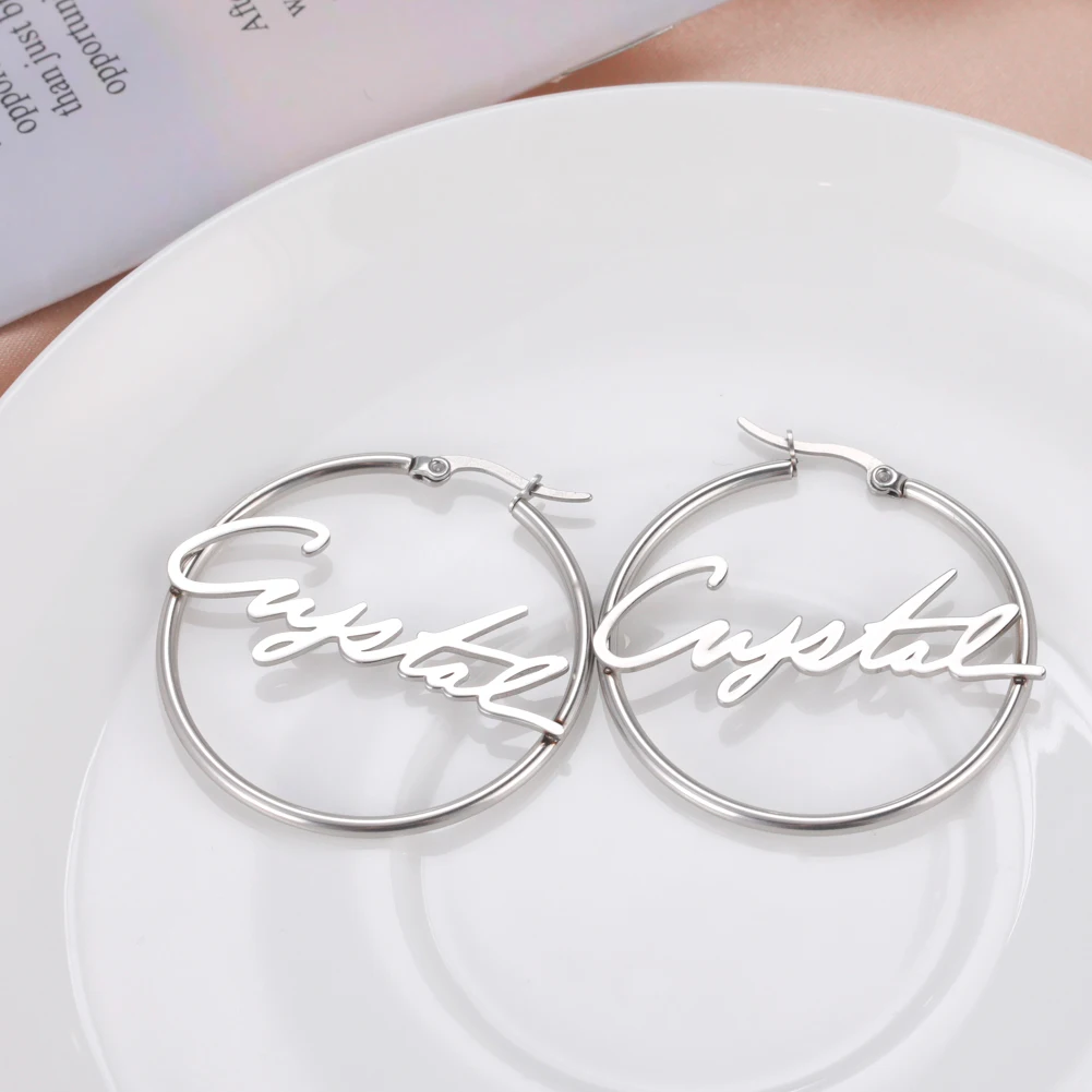 Cazador Personalized Name Earrings for Women Custom Nameplate Stainless Steel Gold Color Big Hoops Jewelry Valentine Gift 2026 thumbnail 5