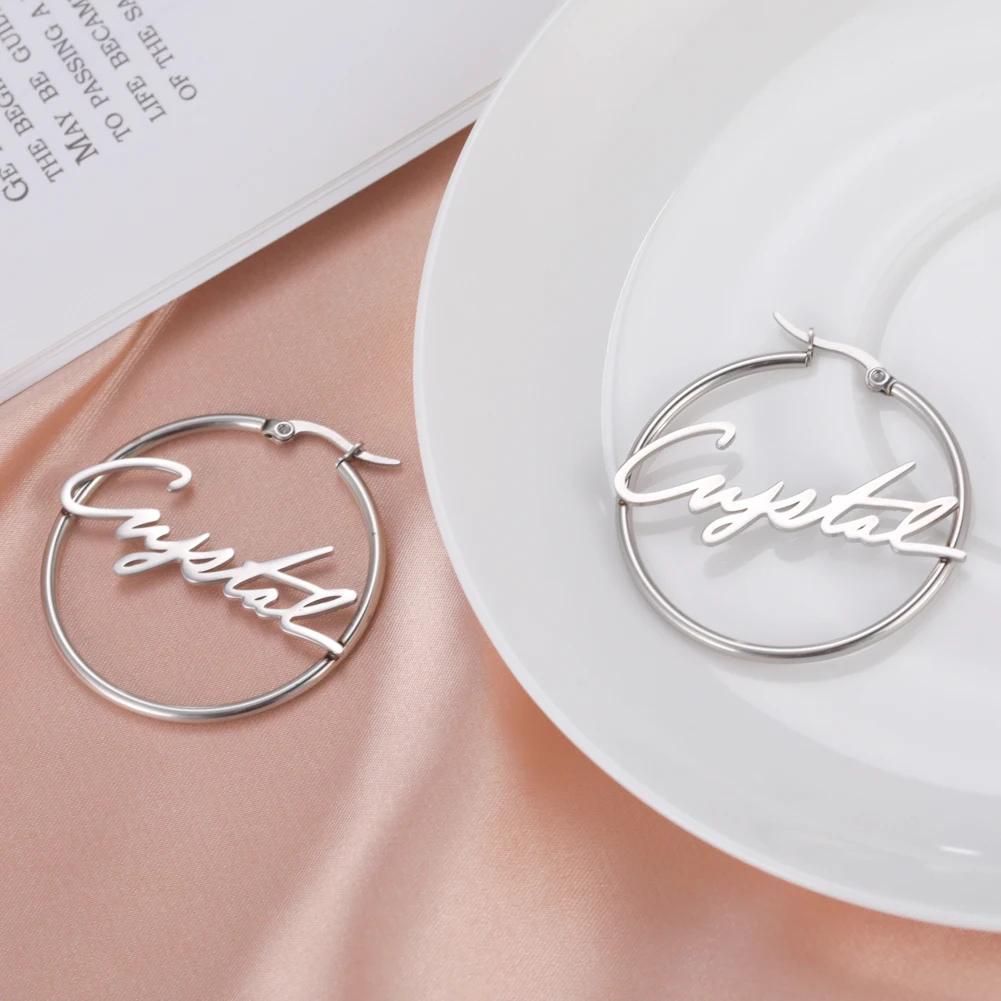 Cazador Personalized Name Earrings for Women Custom Nameplate Stainless Steel Gold Color Big Hoops Jewelry Valentine Gift 2026 thumbnail 2