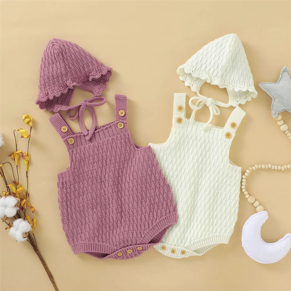 2Pcs Set Baby Knitted Romper Clothes Set Cotton e Crotch Button Cotton Jumpsuit+Hats Toddler Baby Boys Girls Outfits thumbnail 3