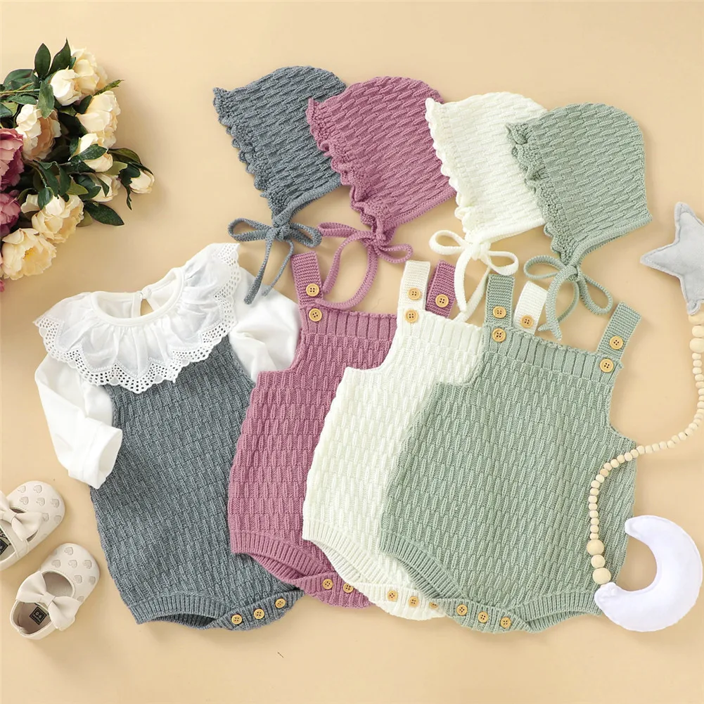 2Pcs Set Baby Knitted Romper Clothes Set Cotton e Crotch Button Cotton Jumpsuit+Hats Toddler Baby Boys Girls Outfits thumbnail 2