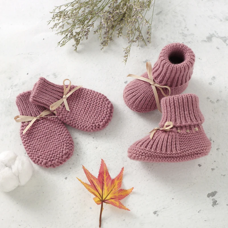 Baby Shoes + Gloves Set Knit Newborn Girls Boys Boots Mitten Fashion Butterfly-knot Toddler Infant Slip-On Bed Shoes Hand Made thumbnail 2