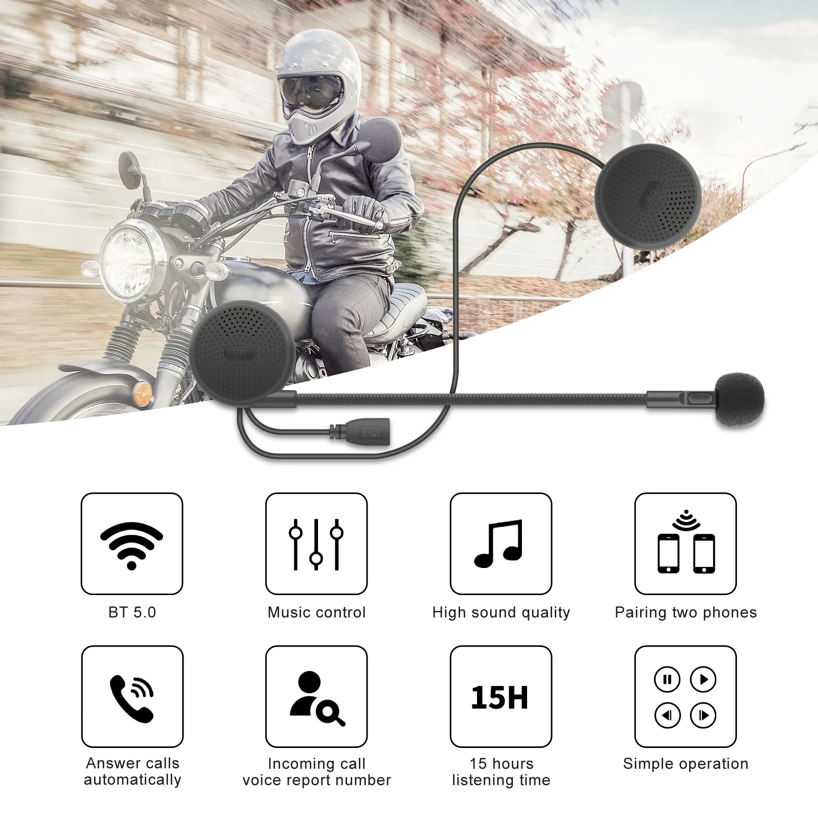 VR robot Motorcycle Bluetooth 5.0 Stereo Headset Moto Universal Helmet Headphones Wireless Handsfree Call with Holder Clip thumbnail 2