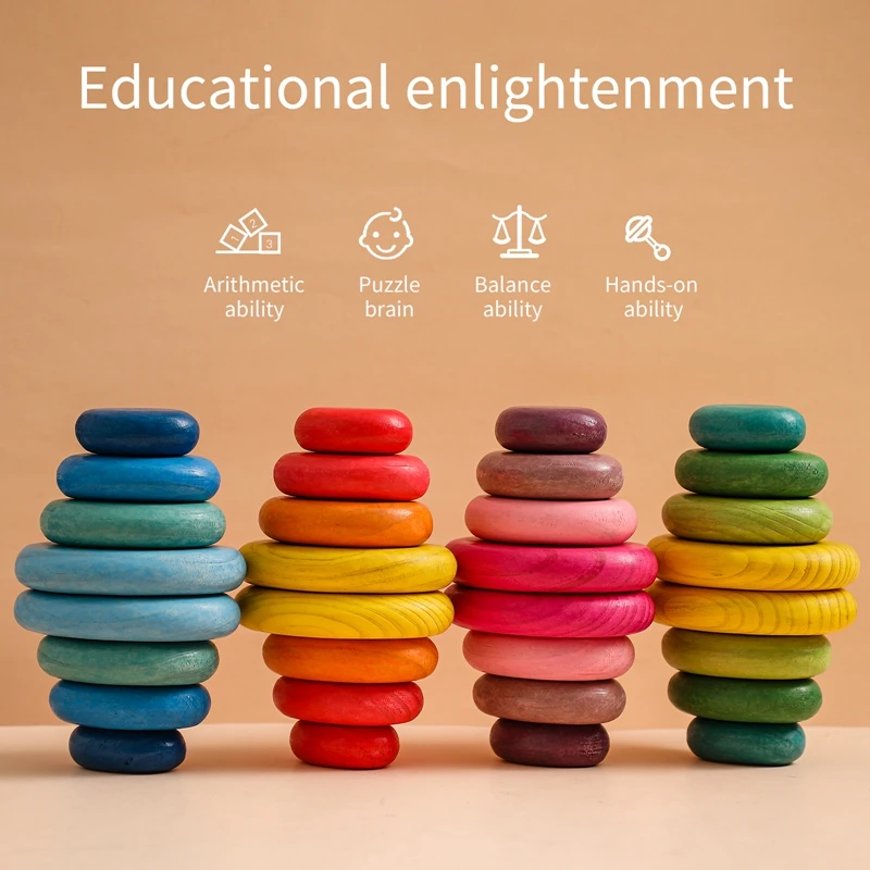 Baby Wooden Rainbow Stacked Stone Building Block Montessori Creative Balanced Toys Nordic Style Stacking Game For Kid thumbnail 3
