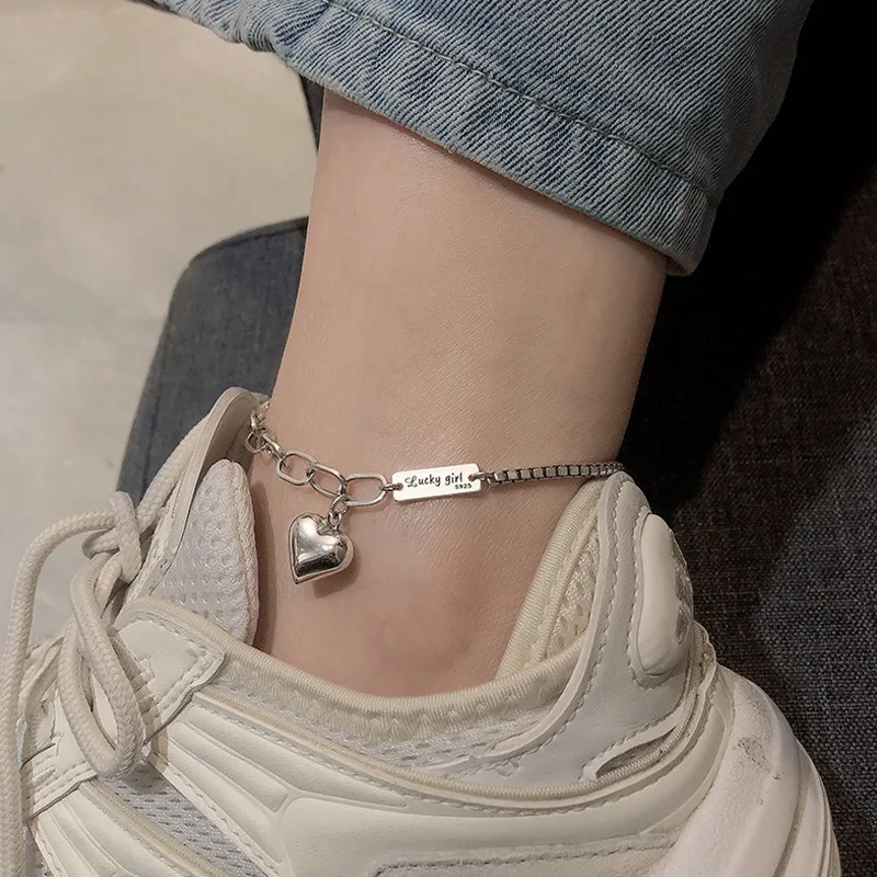 Fashion 925 Sterling Silver Summer Anklet Bracelet for Women Vintage Thai Silver LOVE Heart Pendant Lovely Girl Party Jewelry thumbnail 2
