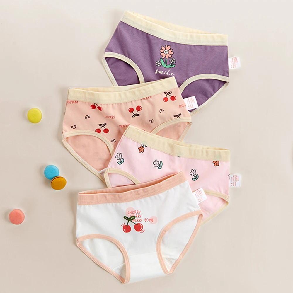 Girls Panties Kids Cotton Underwear Children's Briefs Cherry Cartoon Short 4Pcs/lot thumbnail 3