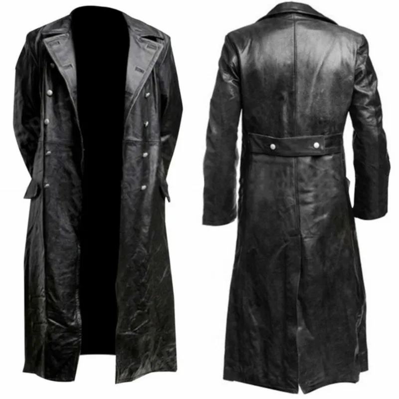 MEN'S GERMAN CLASSIC WW2 MILITARY UNIFORM OFFICER BLACK  LEATHER TRENCH COAT thumbnail 2