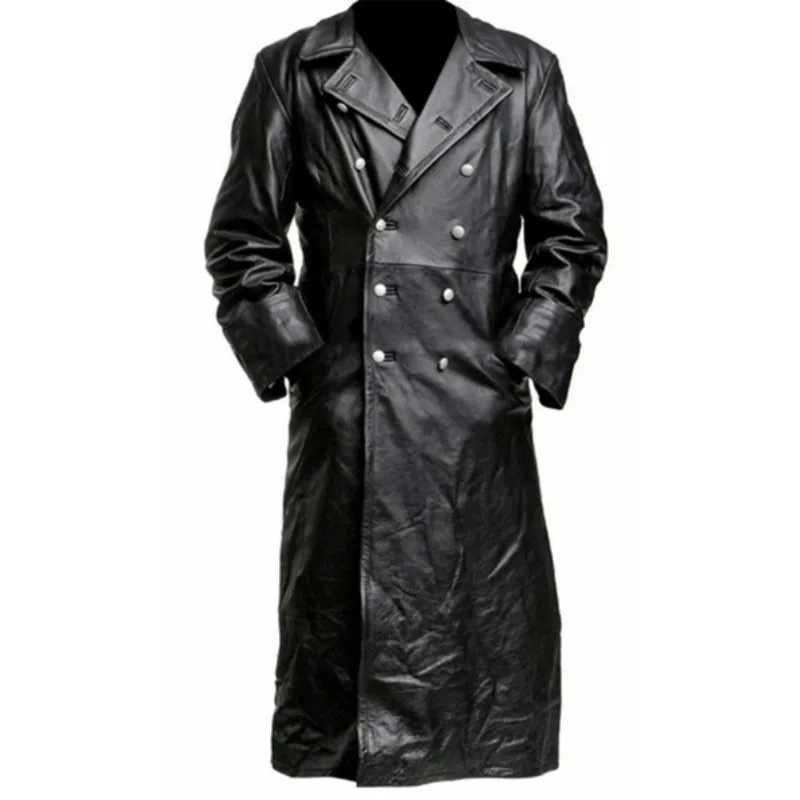 MEN'S GERMAN CLASSIC WW2 MILITARY UNIFORM OFFICER BLACK  LEATHER TRENCH COAT thumbnail 3