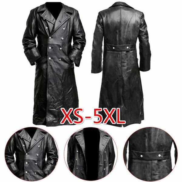 MEN'S GERMAN CLASSIC WW2 MILITARY UNIFORM OFFICER BLACK  LEATHER TRENCH COAT thumbnail 5
