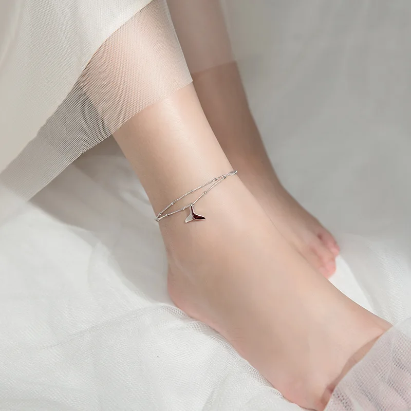 Real 925 Sterling Silver Double layer Mermaid Tail Charm Pendant Link Chain Anklet Party Jewelry for Women Beach Jewelry thumbnail 5