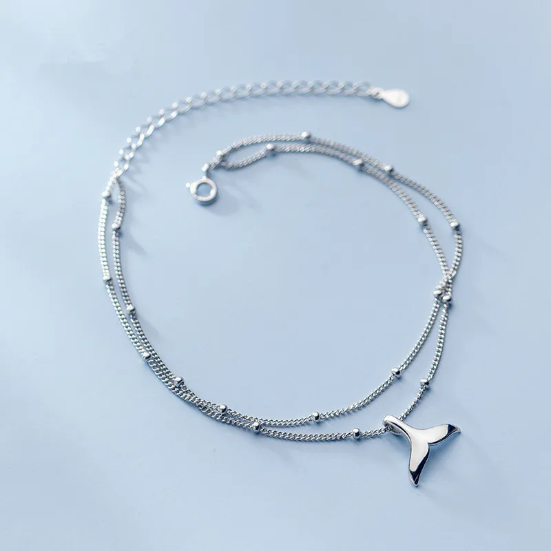 Real 925 Sterling Silver Double layer Mermaid Tail Charm Pendant Link Chain Anklet Party Jewelry for Women Beach Jewelry thumbnail 2