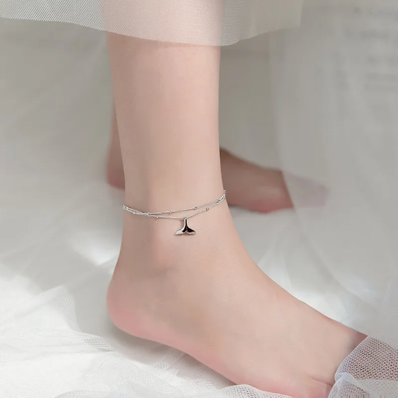 Real 925 Sterling Silver Double layer Mermaid Tail Charm Pendant Link Chain Anklet Party Jewelry for Women Beach Jewelry thumbnail 6