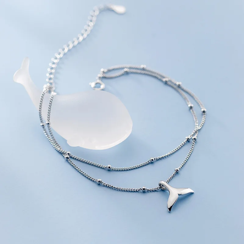 Real 925 Sterling Silver Double layer Mermaid Tail Charm Pendant Link Chain Anklet Party Jewelry for Women Beach Jewelry thumbnail 3
