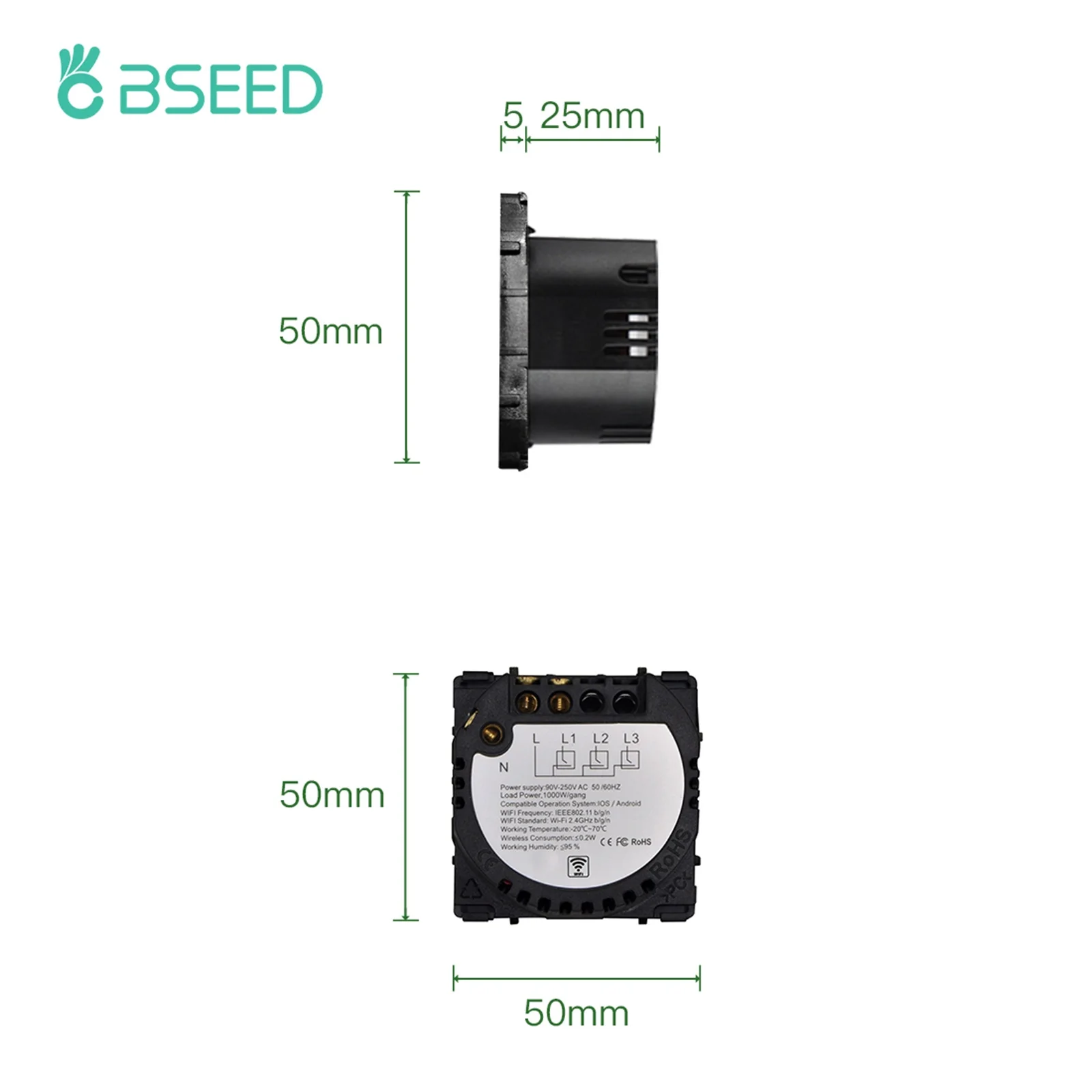 BSEED Smart Touch Switch Function Key 1/2/3Gang 1/2/3Way WIFI Light Switches Base DIY Parts Smart App Control Neutral Required thumbnail 5