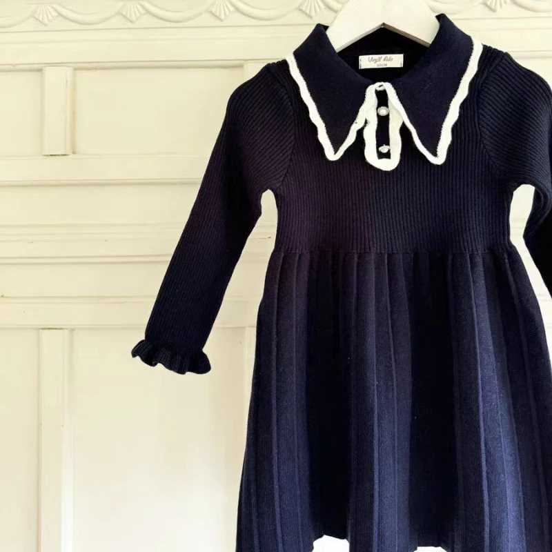Autumn Winter Baby Girl Knitted Dress Japanese Navy Collar College Style Pleated Dress Kids Dresses for Girls Dress for Girls thumbnail 4