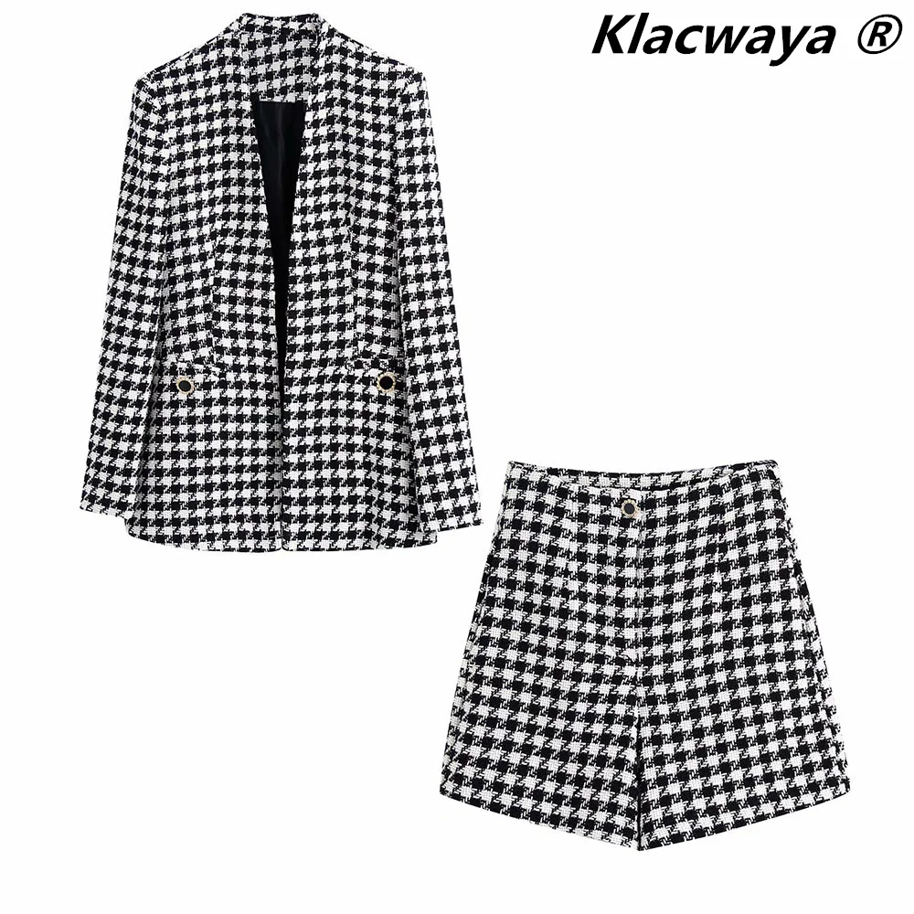 Klacwaya 2021 Women Two-Piece Set Vintage V Neck No Buckle Plaid Textured Blazer Jacket Female High Waist Shorts Elegant Suit