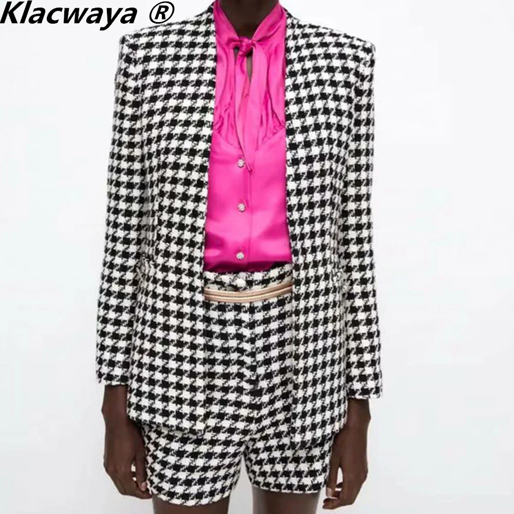 Klacwaya 2021 Women Two-Piece Set Vintage V Neck No Buckle Plaid Textured Blazer Jacket Female High Waist Shorts Elegant Suit thumbnail 2