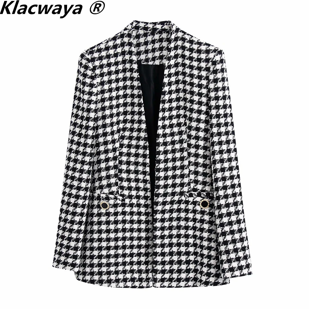 Klacwaya 2021 Women Two-Piece Set Vintage V Neck No Buckle Plaid Textured Blazer Jacket Female High Waist Shorts Elegant Suit thumbnail 3