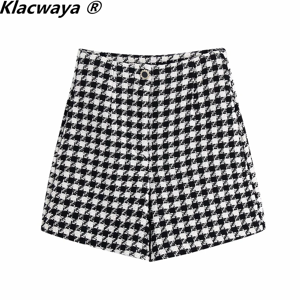 Klacwaya 2021 Women Two-Piece Set Vintage V Neck No Buckle Plaid Textured Blazer Jacket Female High Waist Shorts Elegant Suit thumbnail 5