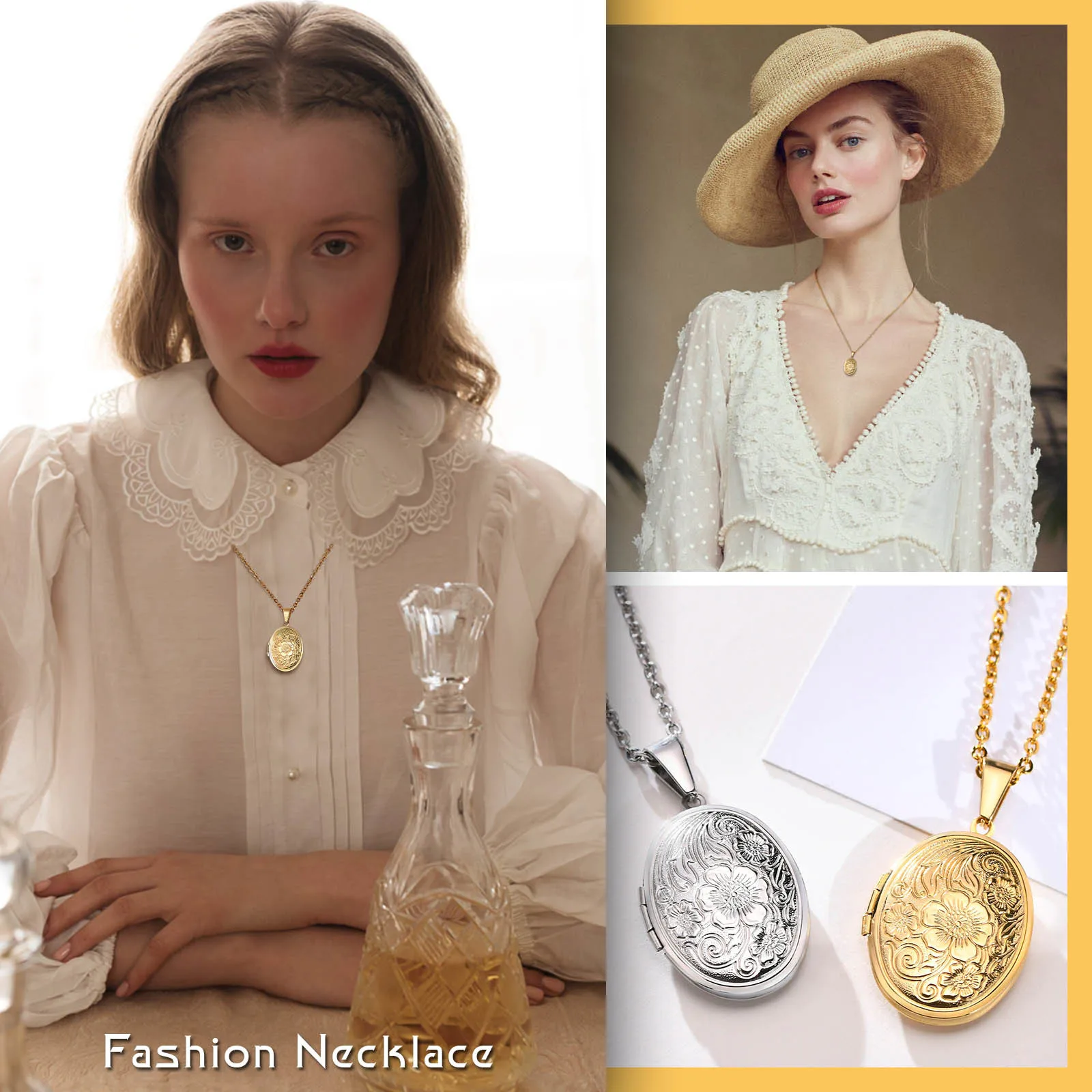 Delicate Floral Oval Heart Locket Pendant Necklaces for Women,Stainless Steel Photo Frame Promise Love Keepsake Gift thumbnail 2